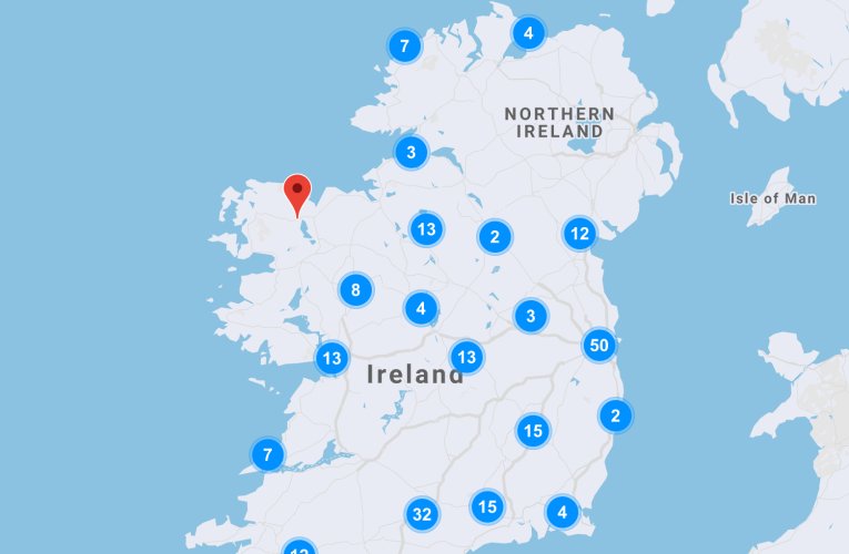 Map of Ireland with grouped location pins