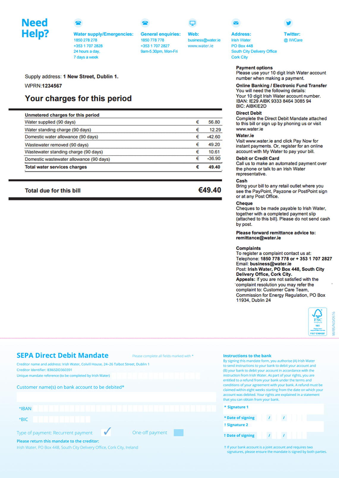 Back of the domestic water services unmetered bill
