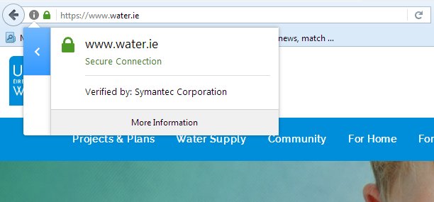 Screenshot of the Uisce Éireann url being a secure network