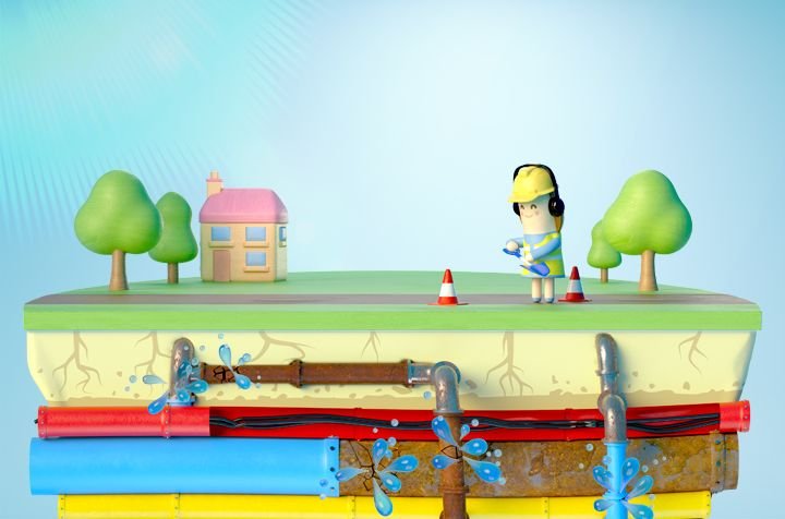 Cartoon graphic of a construction worker on land with burst pipes below the ground