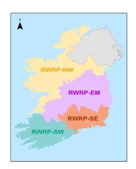 Republic of Ireland map broken up into the four regions for the  Water Resources Plan