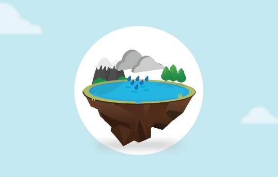 Graphic of land with water and clouds
