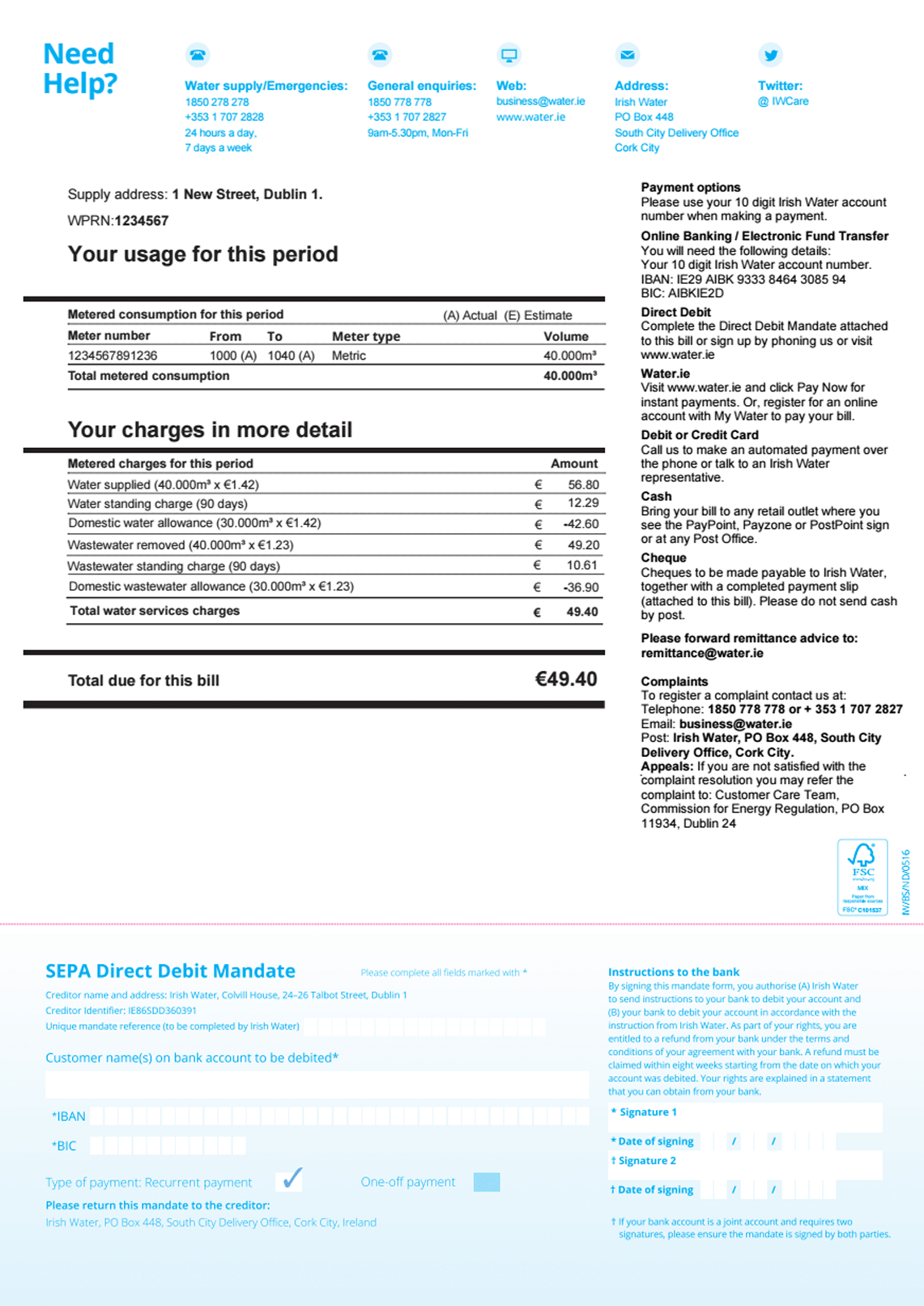Back of the domestic water services metered bill
