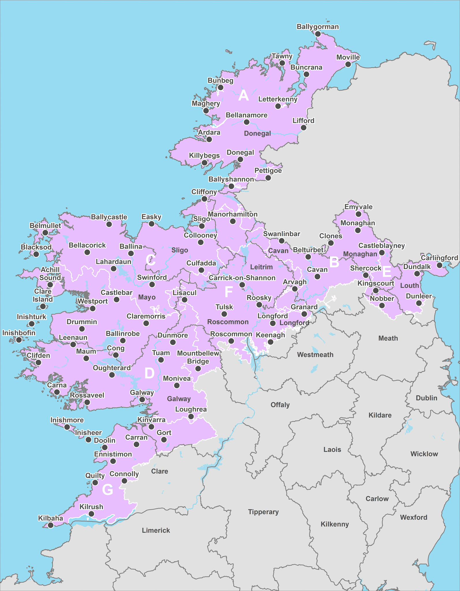 Map of Ireland highlighting towns as pins on the north west