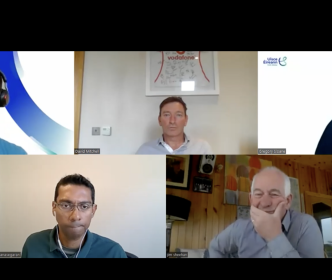 5 people talking through Zoom doing a podcast