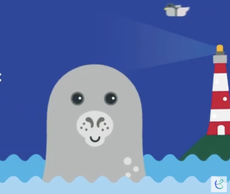 An animated seal in the ocean with a red and white lighthouse in the background