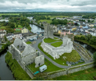 Aerial view of the Desmond castle in Askeaton Ireland in County Limerick on the river Deel